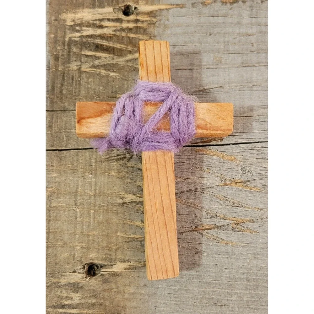 VINTAGE WOODEN CROSS PENDANT With Purple Wrap 3 Inches Large‎
